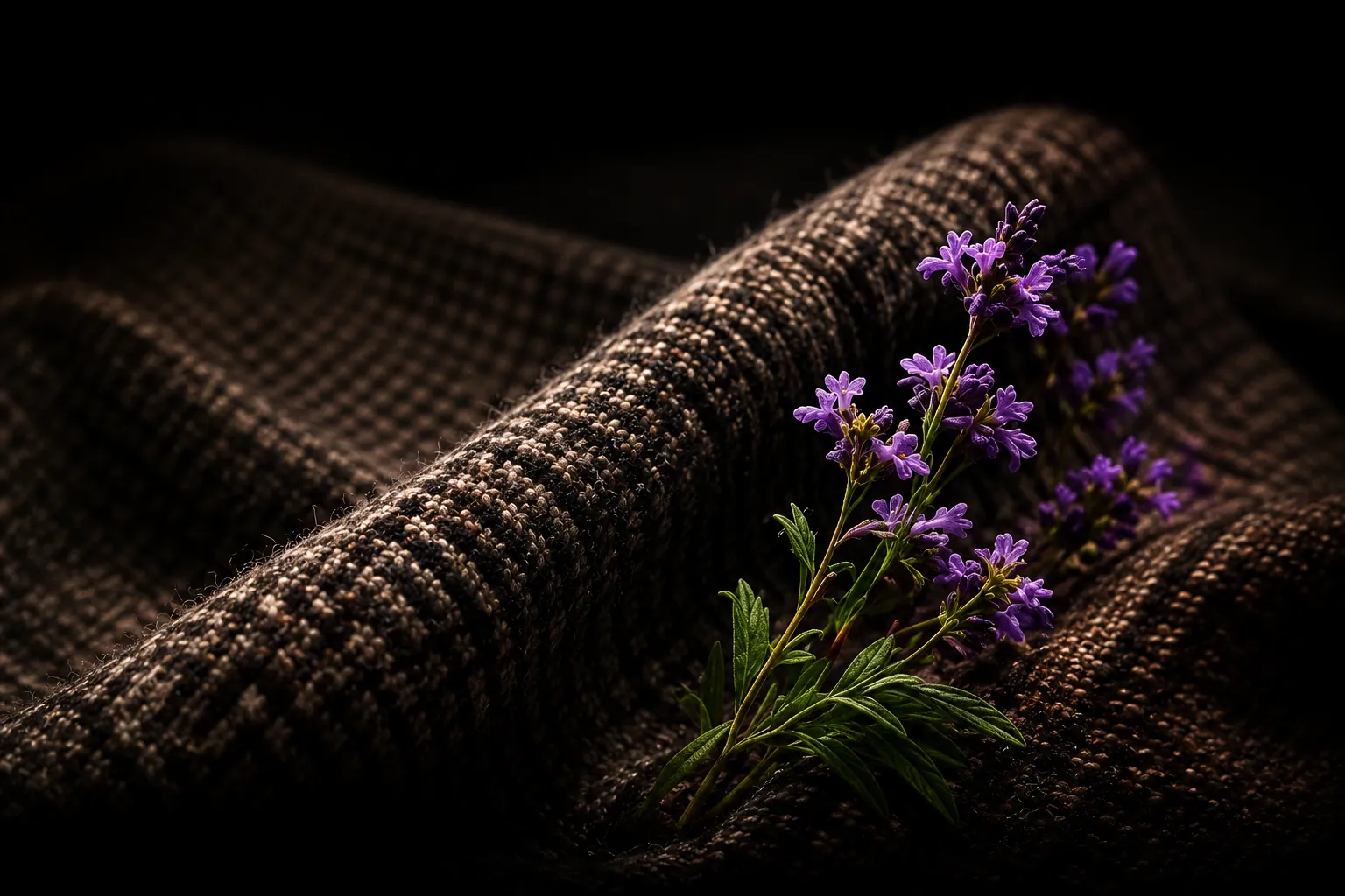 Green Irish Tweed heart notes with fresh green botanicals and violet on dark tweed fabric