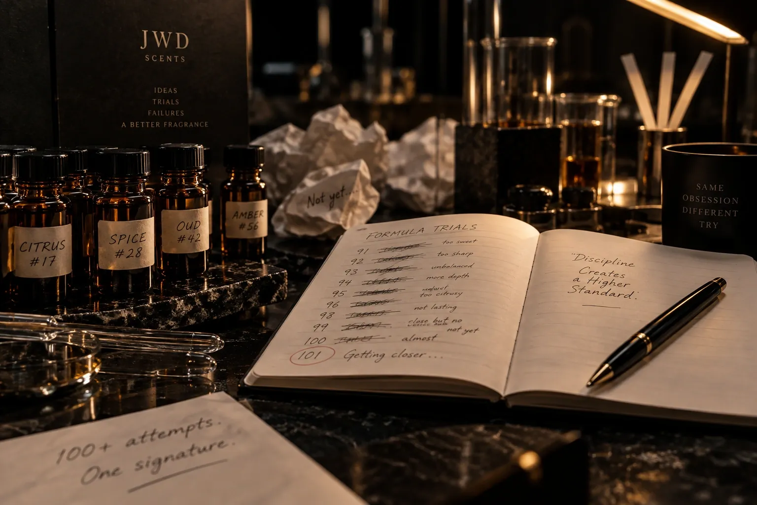 Perfume formulation bottles and trial notes from more than 100 Red Devil fragrance experiments