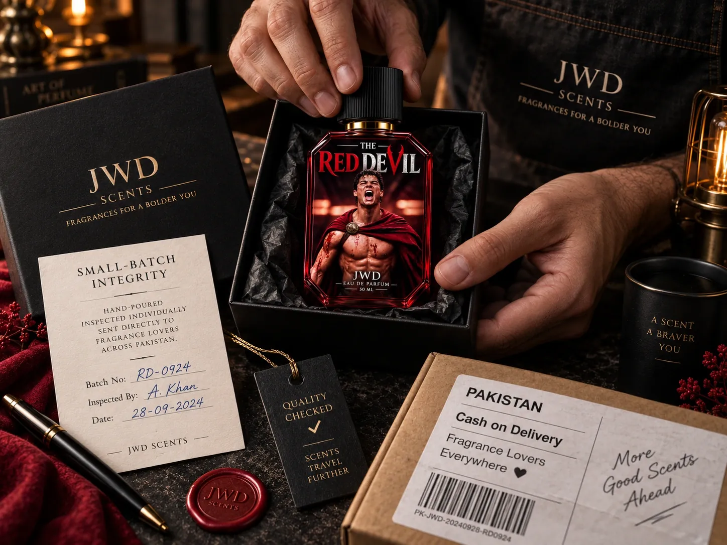 The Red Devil 50ml perfume bottle presented in its small-batch packaging